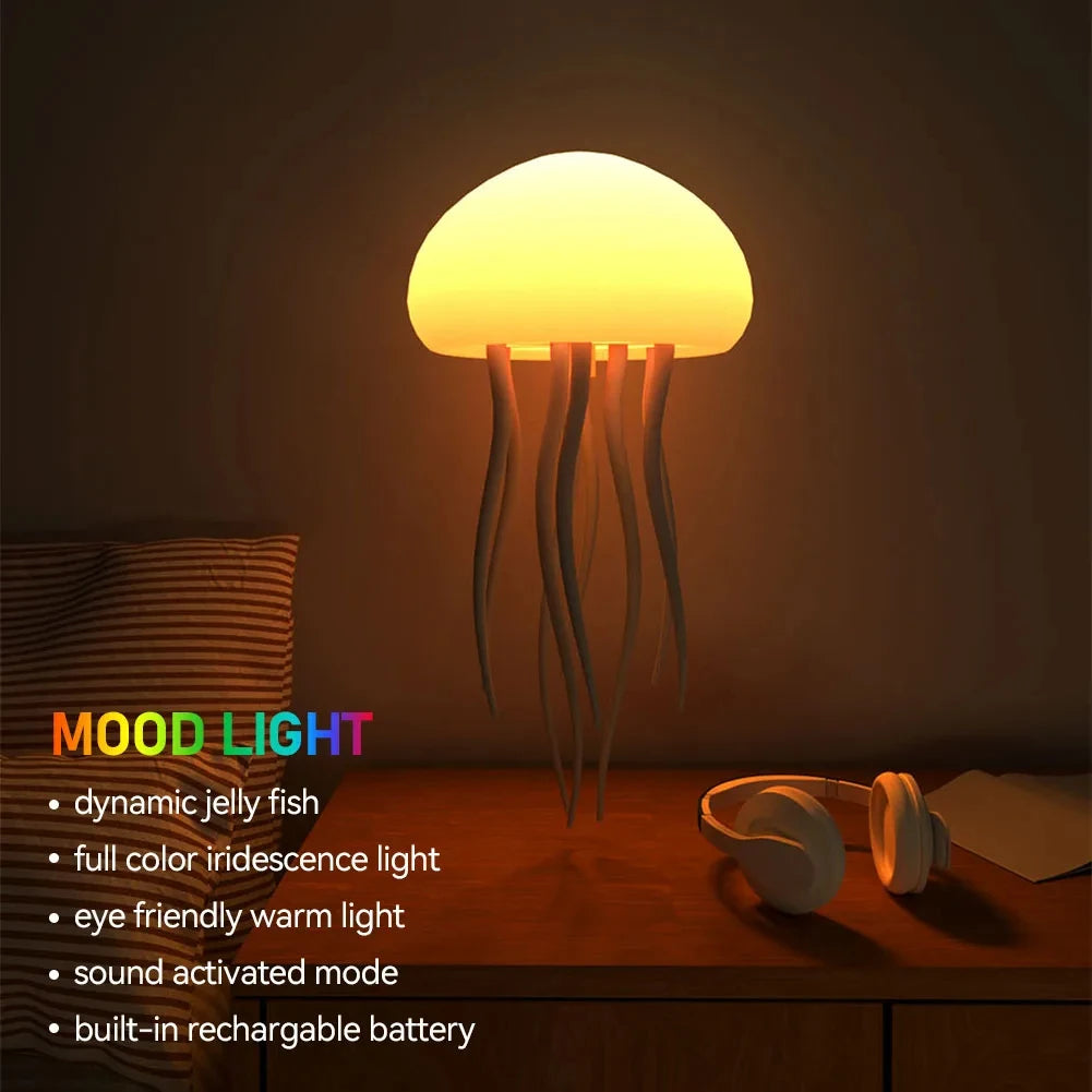 Jellyfish Cartoon LED Night Light – Voice Control RGB Rotating Bedside Lamp