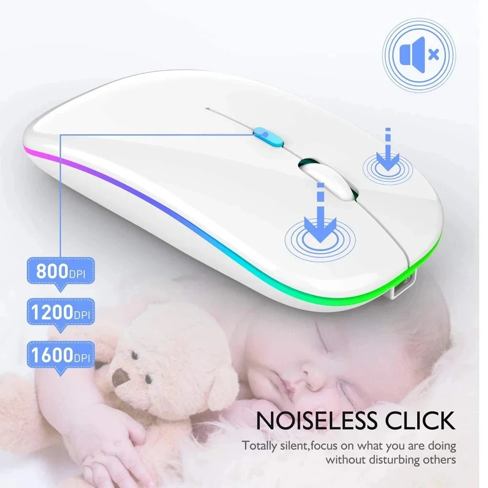 Silent Rechargeable LED Wireless Mouse (Bluetooth + 2.4GHz)