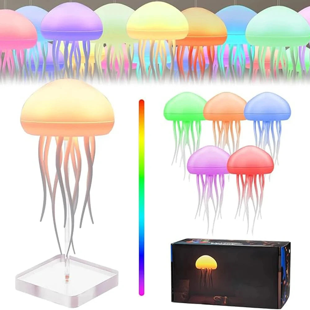 Jellyfish Cartoon LED Night Light – Voice Control RGB Rotating Bedside Lamp